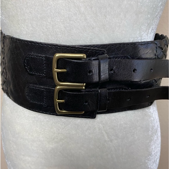 Linea Belle Black Woven Leather Double Buckle Wide Belt Size Medium - Picture 2 of 6